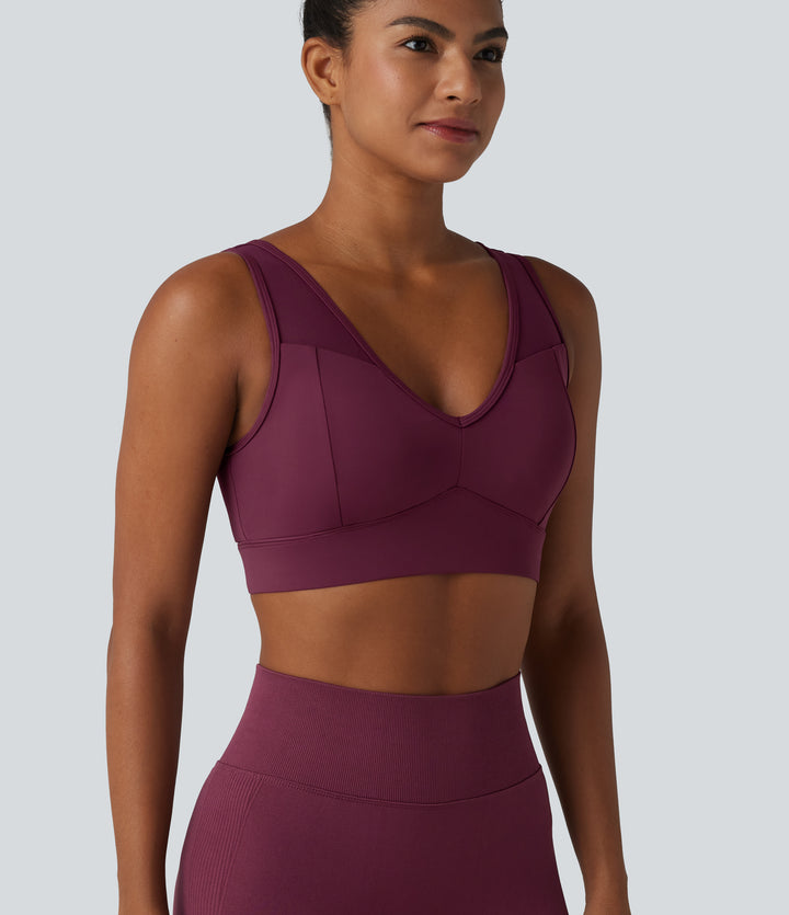 Airy Low Support V Neck Contrast Mesh Built-in Bra InstantCool Yoga Sports Bra — Berry Red — view 1