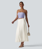 High Waisted Invisible Zipper Midi Contrast Lace Chiffon Party Flowy Skirt — Marshmallow — view 7