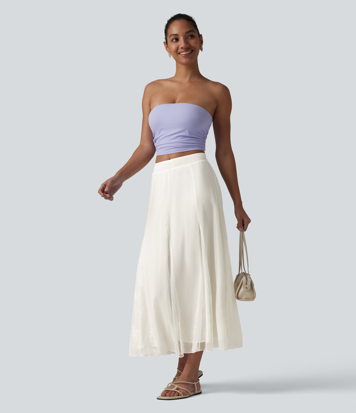High Waisted Invisible Zipper Midi Contrast Lace Chiffon Party Flowy Skirt — Marshmallow — view 7