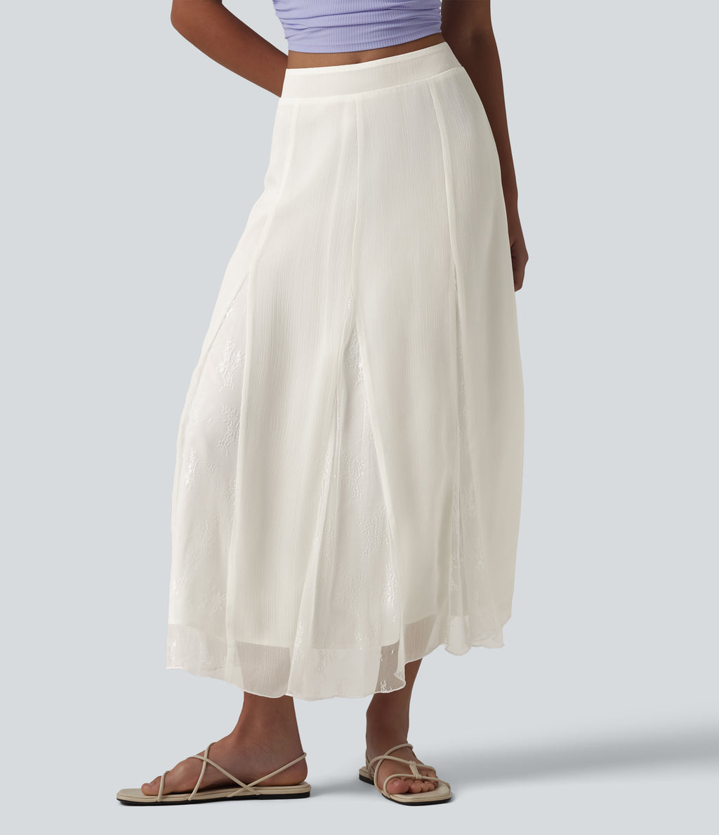 High Waisted Invisible Zipper Midi Contrast Lace Chiffon Party Flowy Skirt — Marshmallow — view 3