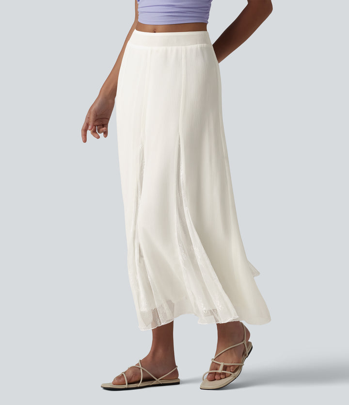 High Waisted Invisible Zipper Midi Contrast Lace Chiffon Party Flowy Skirt — Marshmallow — view 1