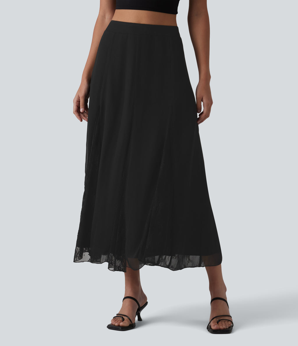 High Waisted Invisible Zipper Midi Contrast Lace Chiffon Party Flowy Skirt — Black — view 9
