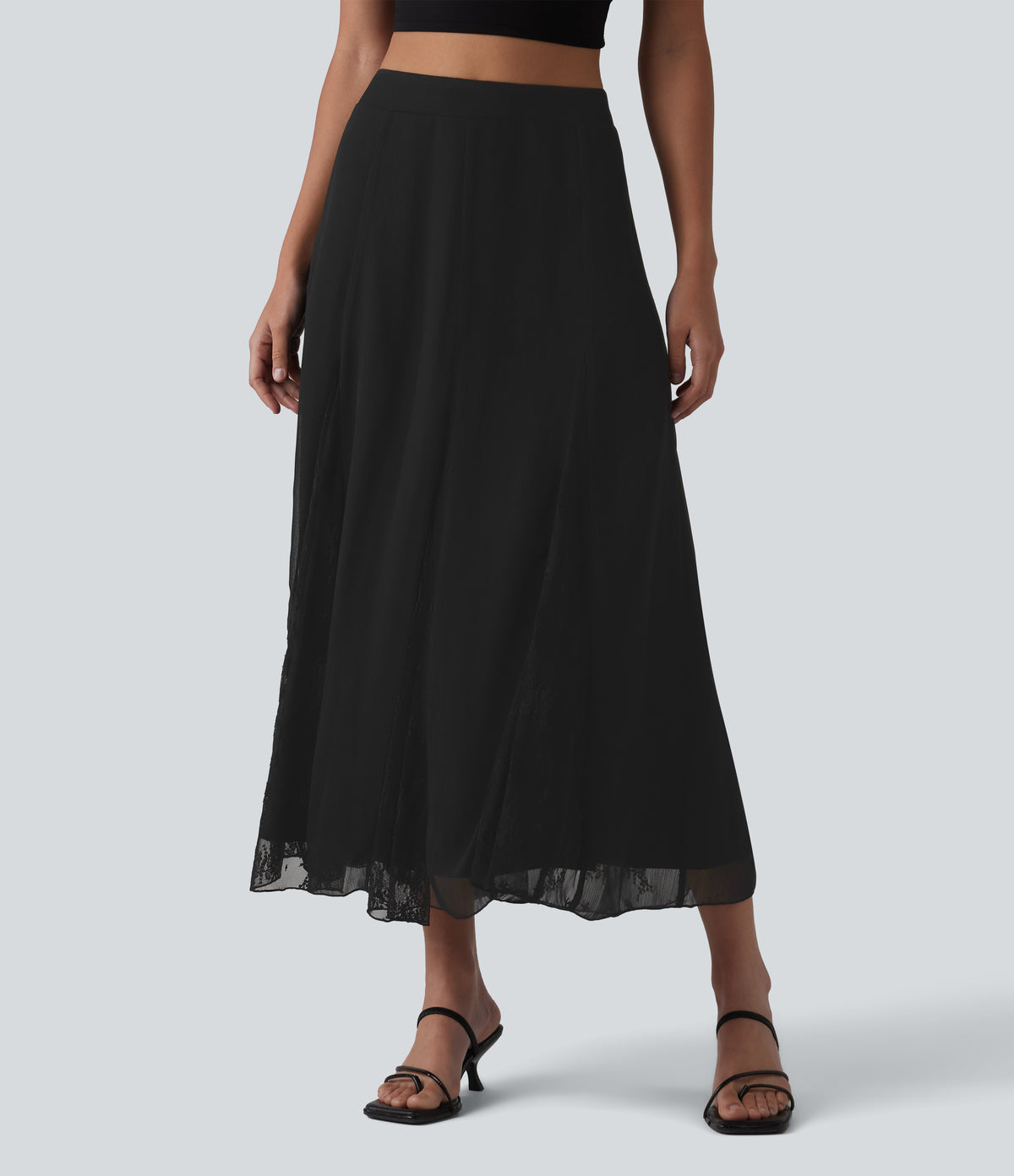 High Waisted Invisible Zipper Midi Contrast Lace Chiffon Party Flowy Skirt — Black — view 9