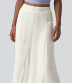 High Waisted Invisible Zipper Midi Contrast Lace Chiffon Party Flowy Skirt — Marshmallow — view 6