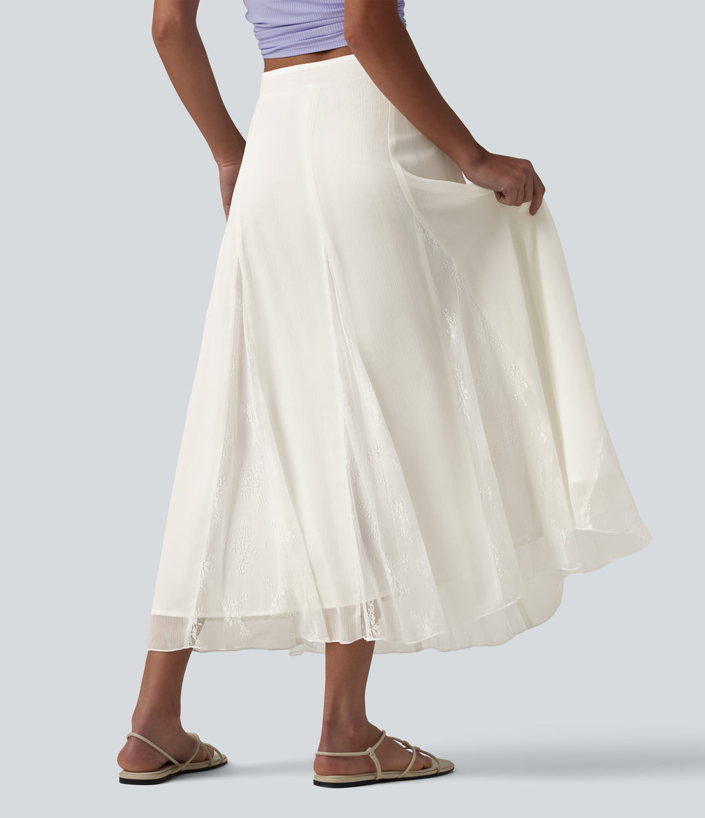 High Waisted Invisible Zipper Midi Contrast Lace Chiffon Party Flowy Skirt — Marshmallow — view 2
