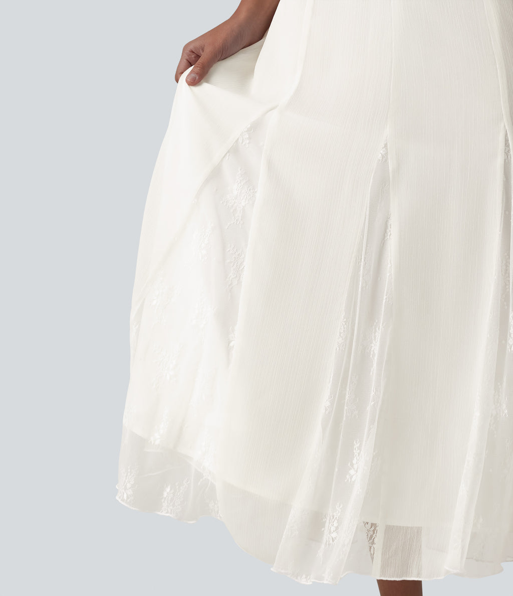 High Waisted Invisible Zipper Midi Contrast Lace Chiffon Party Flowy Skirt — Marshmallow — view 5