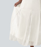 High Waisted Invisible Zipper Midi Contrast Lace Chiffon Party Flowy Skirt — Marshmallow — view 5