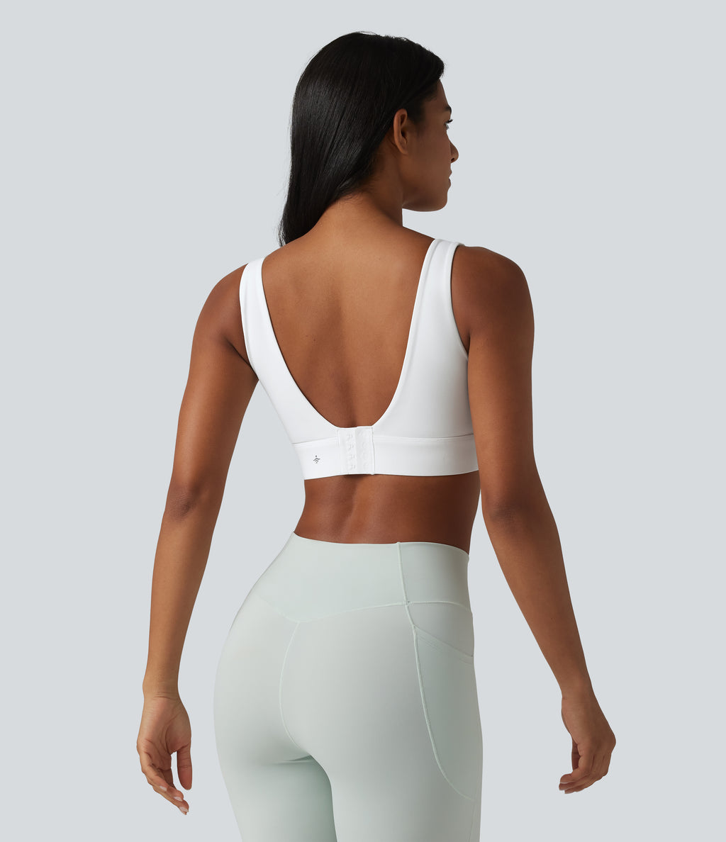 Medium Support Backless Adjustable Buckle Built-in Bra Training Sports Bra — White — view 4