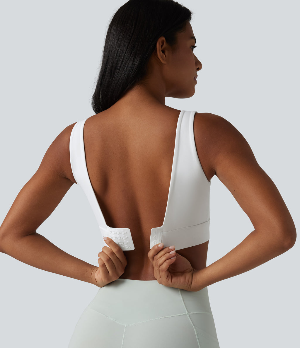 Medium Support Backless Adjustable Buckle Built-in Bra Training Sports Bra — White — view 1