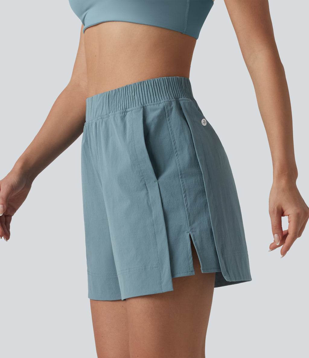High Waisted Split InstantCool Tennis Shorts with Pockets-UPF50+ — Stone Blue — view 4