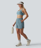 High Waisted Split InstantCool Tennis Shorts with Pockets-UPF50+ — Stone Blue — view 6