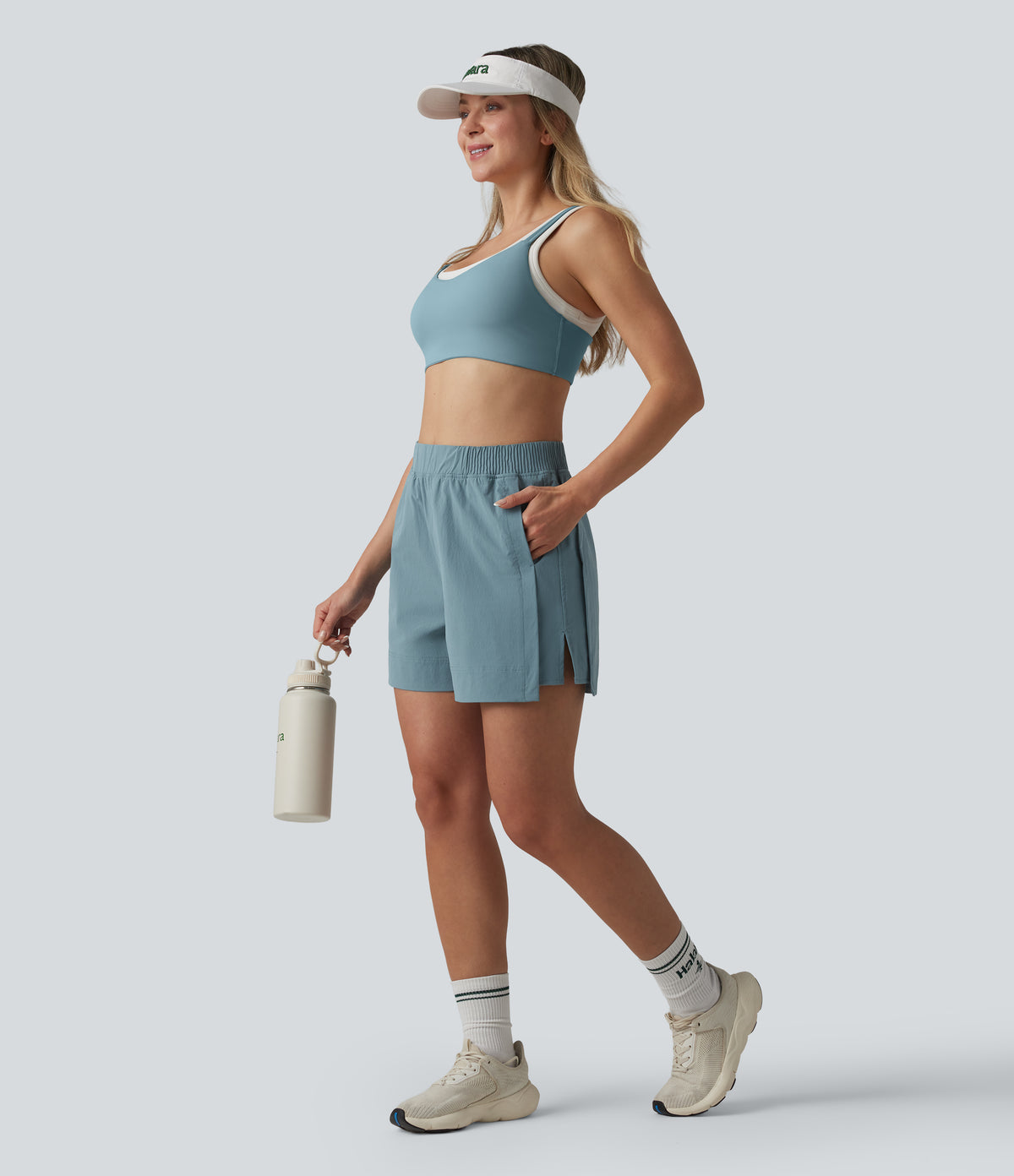 High Waisted Split InstantCool Tennis Shorts with Pockets-UPF50+ — Stone Blue — view 6