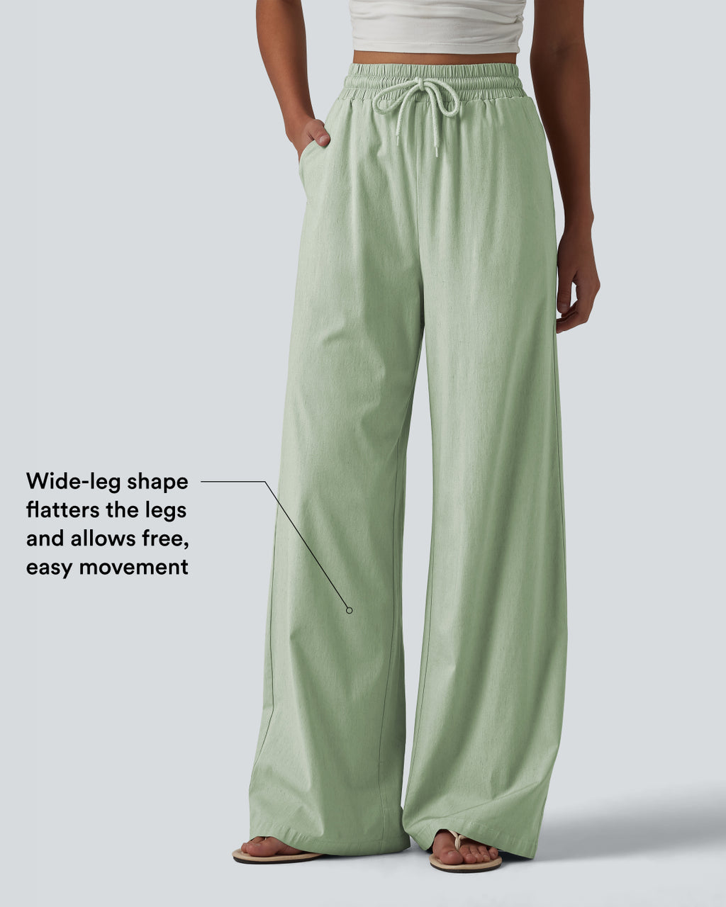 High Waisted Drawstring Wide Leg Casual Stretch Linen Trousers with Pockets — Mist Meadow Green — view 4
