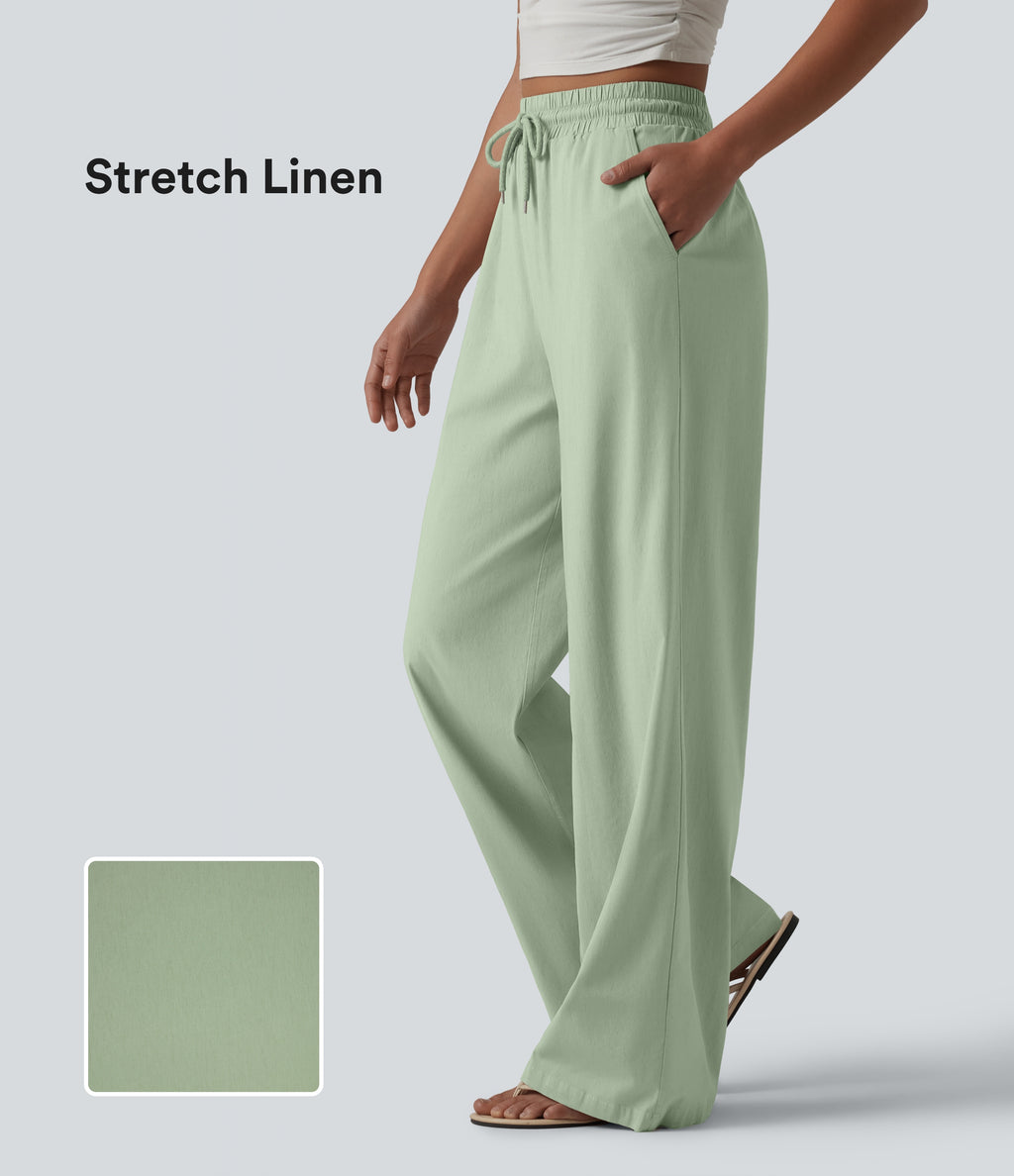 High Waisted Drawstring Wide Leg Casual Stretch Linen Trousers with Pockets — Mist Meadow Green — view 1