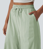 High Waisted Drawstring Wide Leg Casual Stretch Linen Trousers with Pockets — Mist Meadow Green — view 6