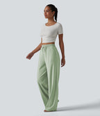 High Waisted Drawstring Wide Leg Casual Stretch Linen Trousers with Pockets — Mist Meadow Green — view 7