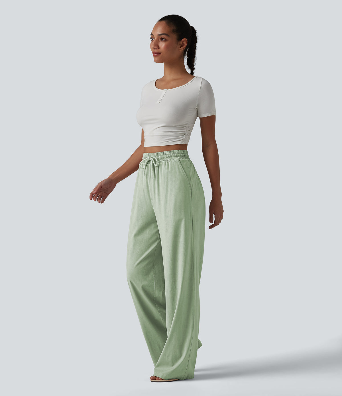 High Waisted Drawstring Wide Leg Casual Stretch Linen Trousers with Pockets — Mist Meadow Green — view 7