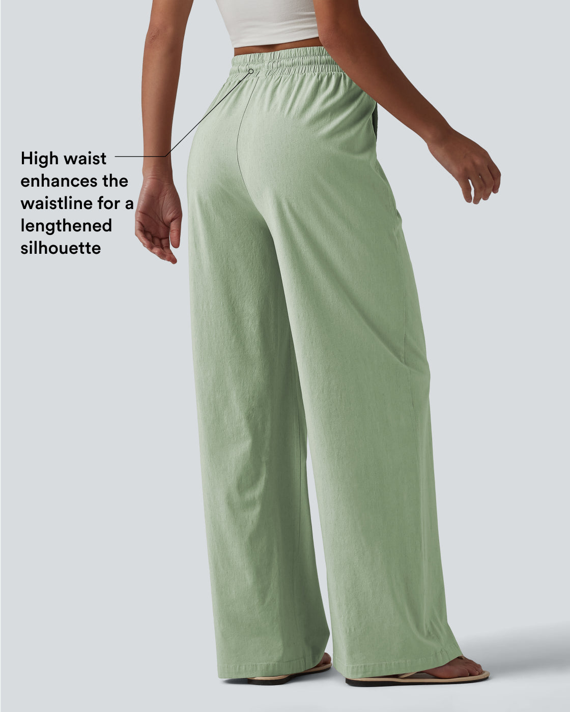 High Waisted Drawstring Wide Leg Casual Stretch Linen Trousers with Pockets — Mist Meadow Green — view 3