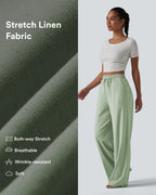 High Waisted Drawstring Wide Leg Casual Stretch Linen Trousers with Pockets — Mist Meadow Green — view 2