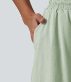 High Waisted Drawstring Wide Leg Casual Stretch Linen Trousers with Pockets — Mist Meadow Green — view 5