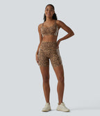 Leopard Print High Waisted Tummy Control Color Block Stripes Training Biker Shorts 7'' with Pockets — Tan Leopard — view 7
