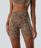 Leopard Print High Waisted Tummy Control Color Block Stripes Training Biker Shorts 7'' with Pockets — Tan Leopard — view 3