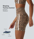 Leopard Print High Waisted Tummy Control Color Block Stripes Training Biker Shorts 7'' with Pockets — Tan Leopard — view 1