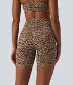 Leopard Print High Waisted Tummy Control Color Block Stripes Training Biker Shorts 7'' with Pockets — Tan Leopard — view 4
