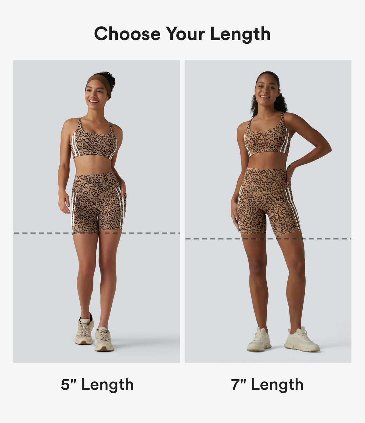 Leopard Print High Waisted Tummy Control Color Block Stripes Training Biker Shorts 7'' with Pockets — Tan Leopard — view 2