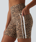 Leopard Print High Waisted Tummy Control Color Block Stripes Training Biker Shorts 7'' with Pockets — Tan Leopard — view 5