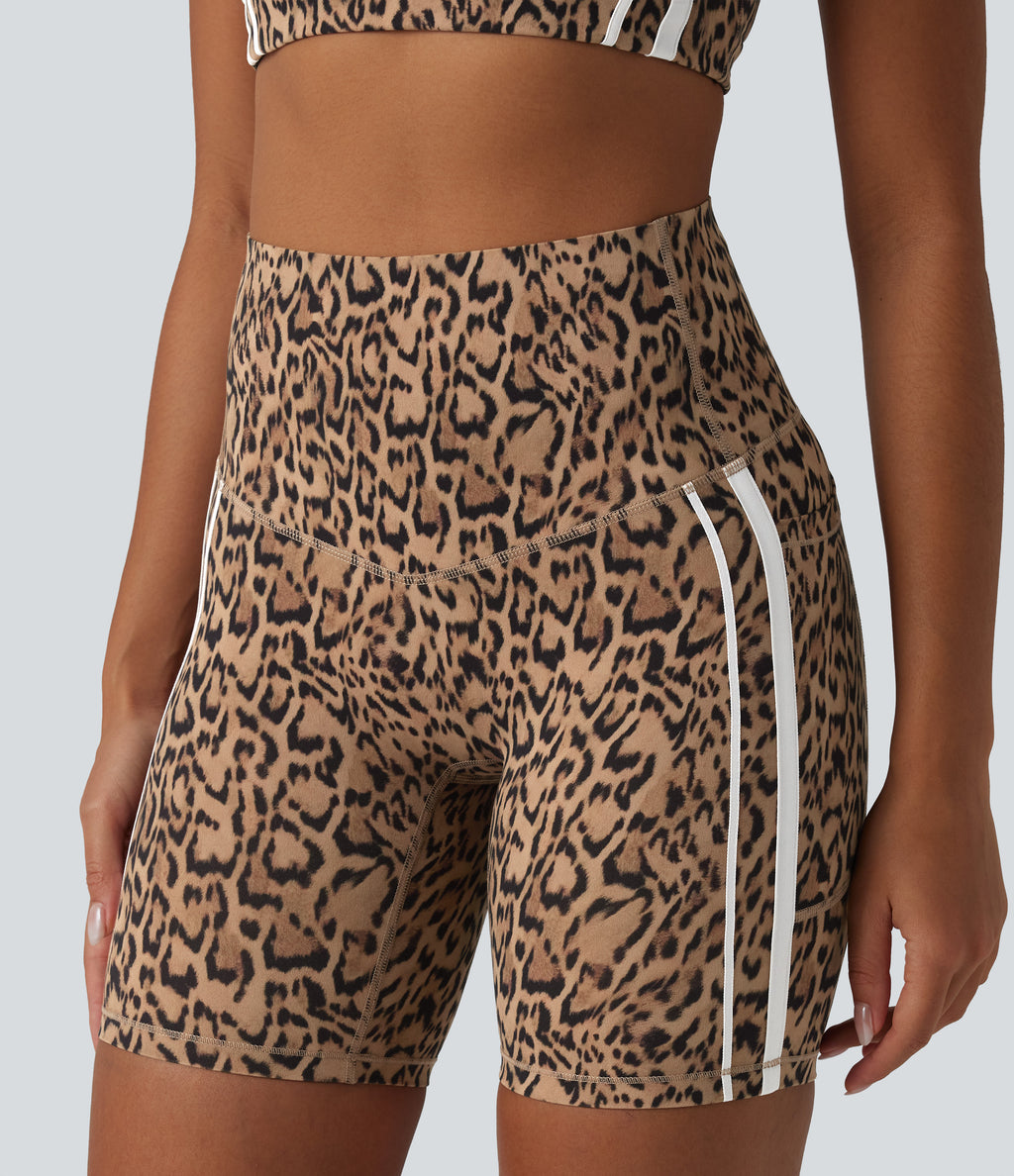 Leopard Print High Waisted Tummy Control Color Block Stripes Training Biker Shorts 7'' with Pockets — Tan Leopard — view 6