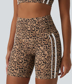Leopard Print High Waisted Tummy Control Color Block Stripes Training Biker Shorts 7'' with Pockets — Tan Leopard — view 6