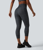 Check Plaid Print High Waisted Drawstring Yoga Capri Leggings with Pockets — Storm Gray Check Plaid — view 2