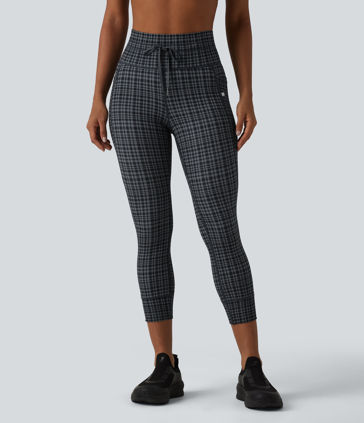 Check Plaid Print High Waisted Drawstring Yoga Capri Leggings with Pockets — Storm Gray Check Plaid — view 3