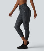 Check Plaid Print High Waisted Drawstring Yoga Capri Leggings with Pockets — Storm Gray Check Plaid — view 1
