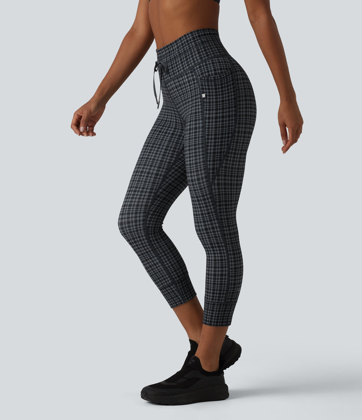 Check Plaid Print High Waisted Drawstring Yoga Capri Leggings with Pockets — Storm Gray Check Plaid — view 1