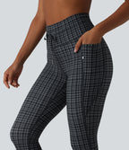 Check Plaid Print High Waisted Drawstring Yoga Capri Leggings with Pockets — Storm Gray Check Plaid — view 4