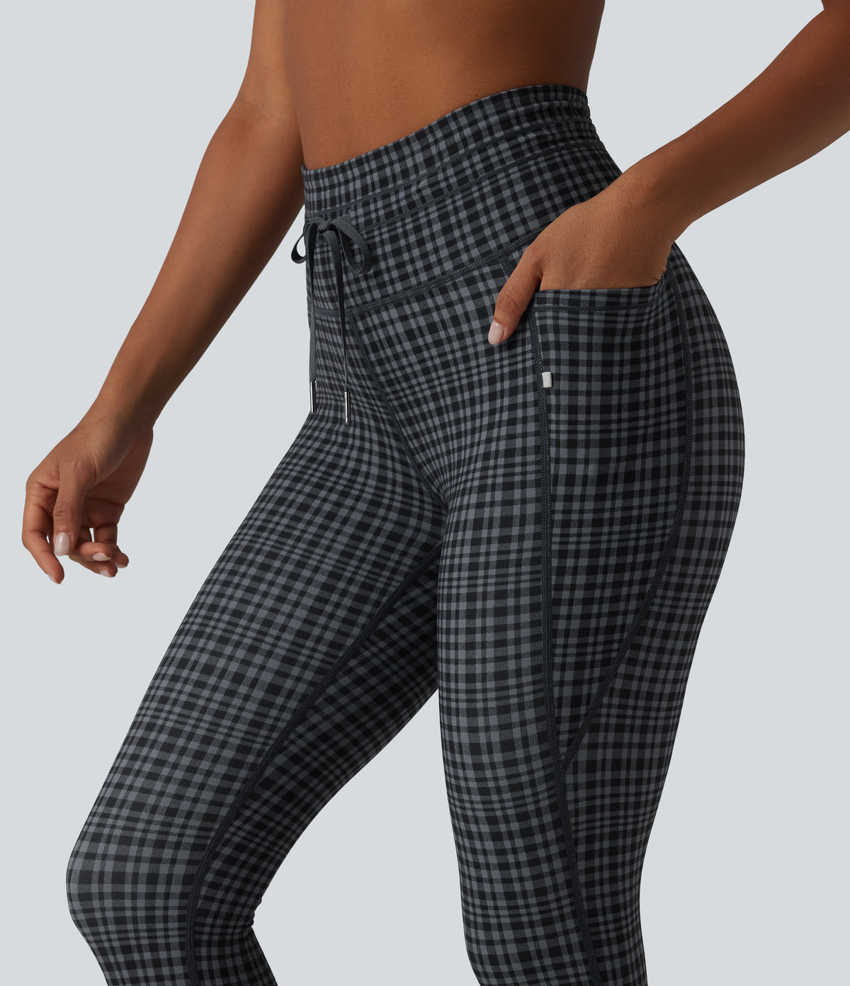 Check Plaid Print High Waisted Drawstring Yoga Capri Leggings with Pockets — Storm Gray Check Plaid — view 4
