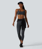 Check Plaid Print High Waisted Drawstring Yoga Capri Leggings with Pockets — Storm Gray Check Plaid — view 7