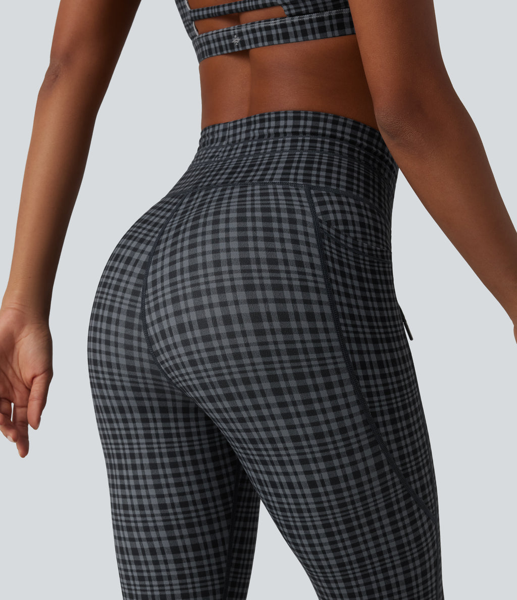 Check Plaid Print High Waisted Drawstring Yoga Capri Leggings with Pockets — Storm Gray Check Plaid — view 5
