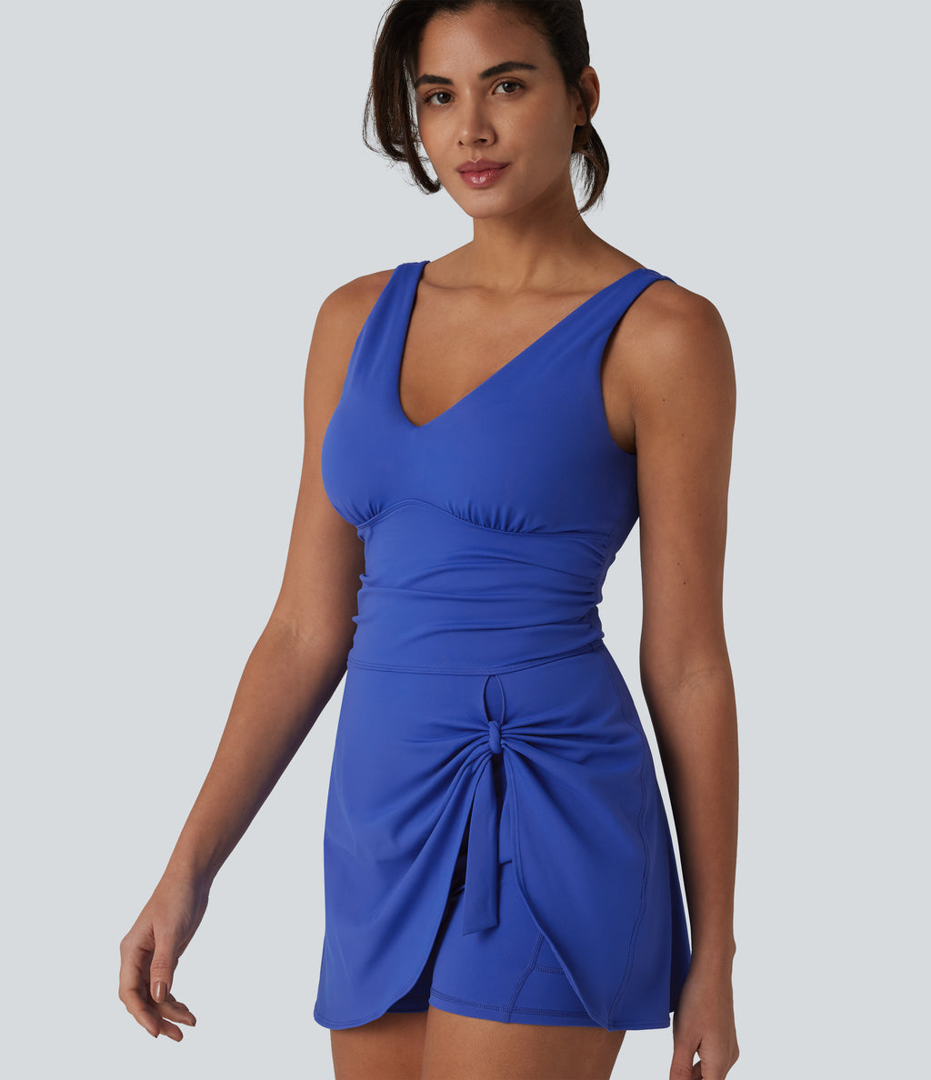 Plush V Neck Built-in Bra Tie Side 2-in-1 Mini Yoga Active Dress with Pockets-Edition — Lotus Blue — view 4
