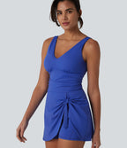 Plush V Neck Built-in Bra Tie Side 2-in-1 Mini Yoga Active Dress with Pockets-Edition — Lotus Blue — view 4