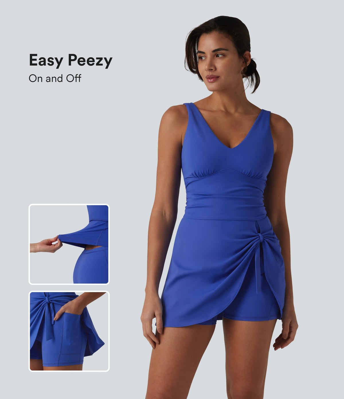 Plush V Neck Built-in Bra Tie Side 2-in-1 Mini Yoga Active Dress with Pockets-Edition — Lotus Blue — view 1