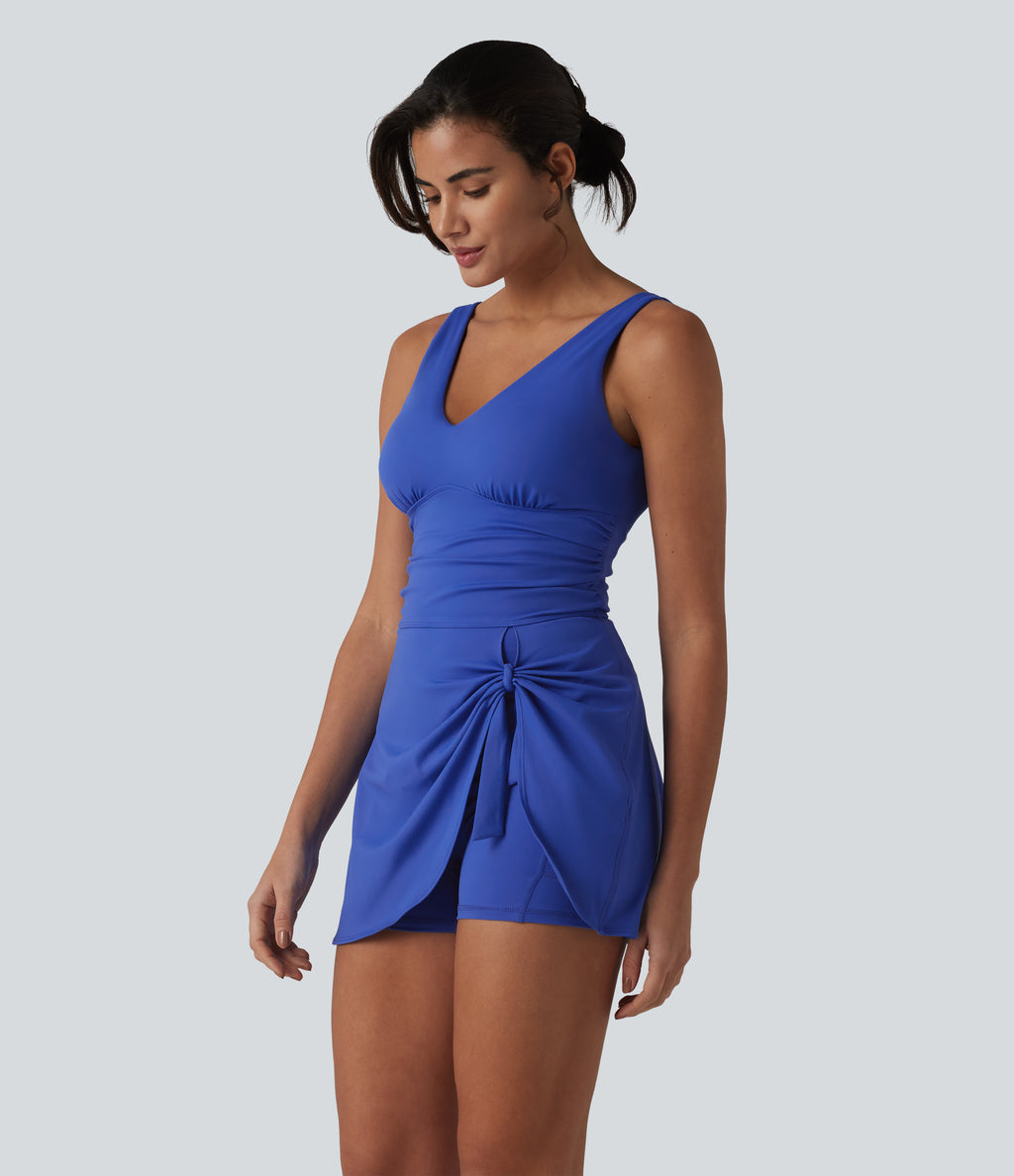 Plush V Neck Built-in Bra Tie Side 2-in-1 Mini Yoga Active Dress with Pockets-Edition — Lotus Blue — view 3