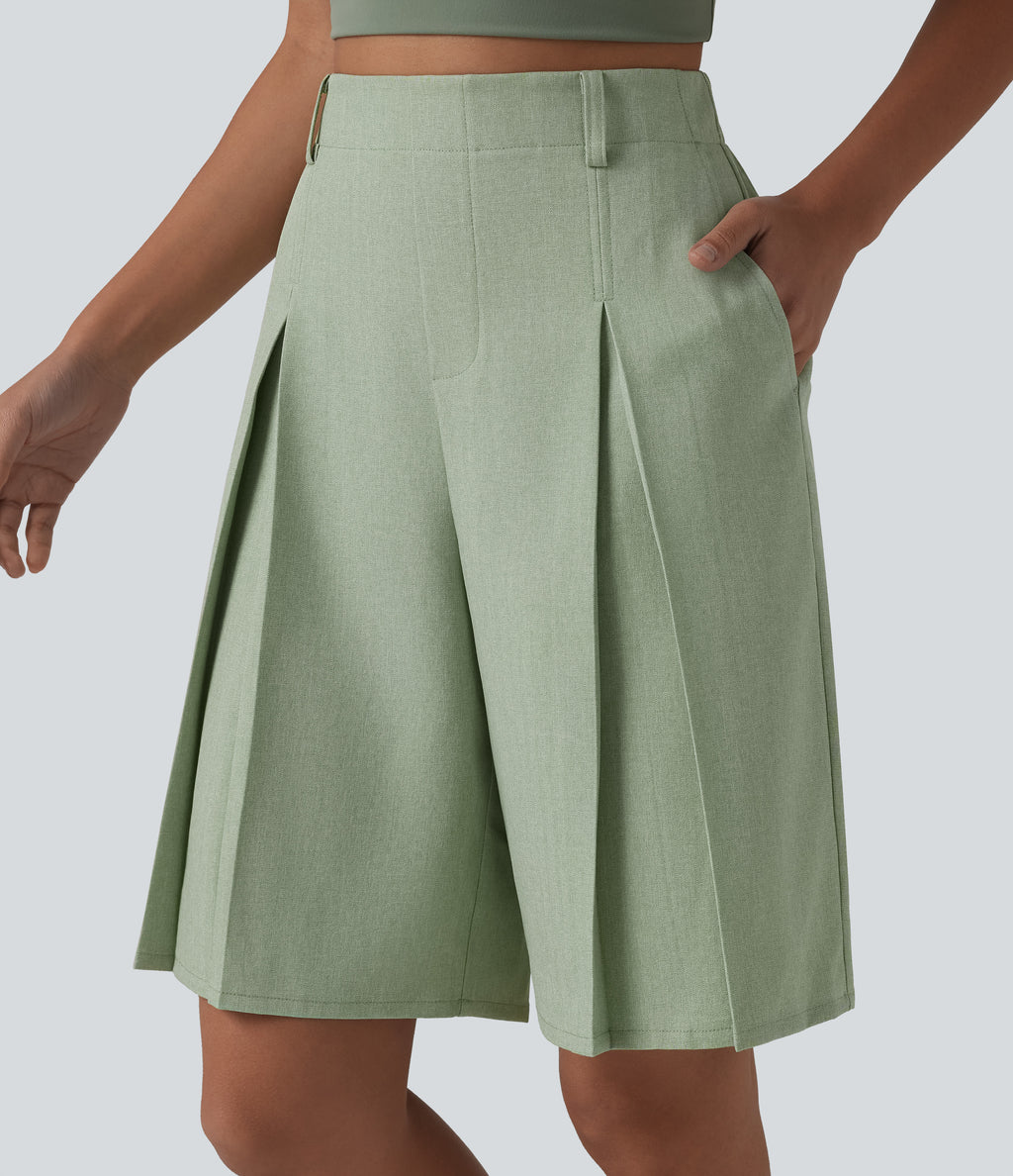 Wrinkle-resistant High Waisted Invisible Zipper Pleated Linen-Feel Casual Bermuda Baggy Shorts with Pockets — Sage Herringbone — view 4