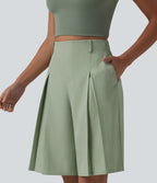 Wrinkle-resistant High Waisted Invisible Zipper Pleated Linen-Feel Casual Bermuda Baggy Shorts with Pockets — Sage Herringbone — view 3