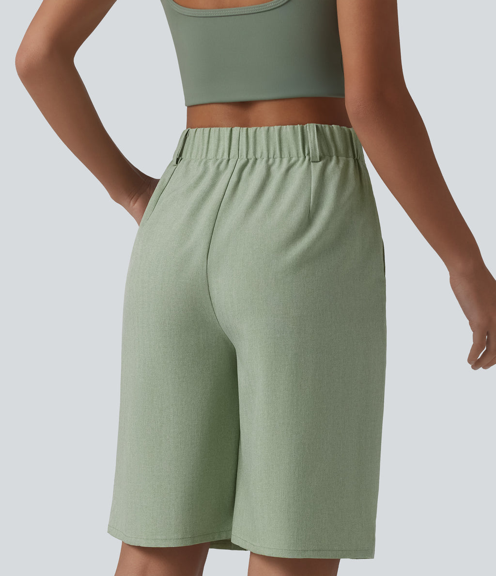 Wrinkle-resistant High Waisted Invisible Zipper Pleated Linen-Feel Casual Bermuda Baggy Shorts with Pockets — Sage Herringbone — view 2