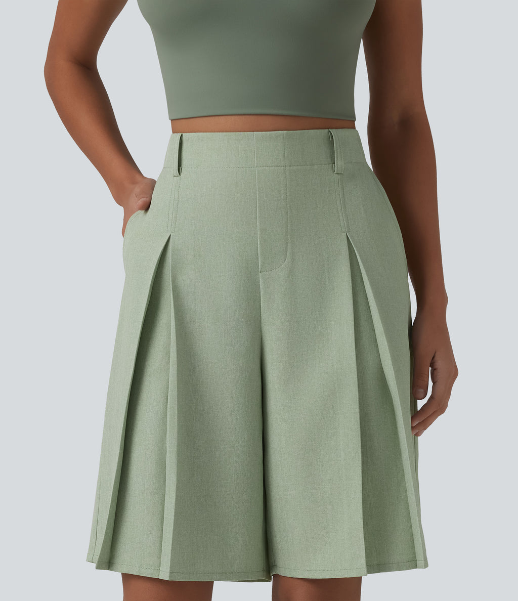 Wrinkle-resistant High Waisted Invisible Zipper Pleated Linen-Feel Casual Bermuda Baggy Shorts with Pockets — Sage Herringbone — view 1