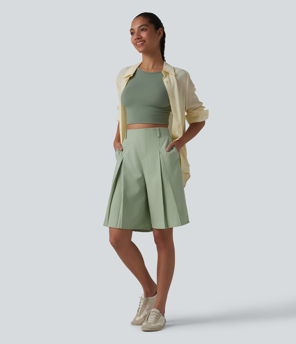 Wrinkle-resistant High Waisted Invisible Zipper Pleated Linen-Feel Casual Bermuda Baggy Shorts with Pockets — Sage Herringbone — view 7