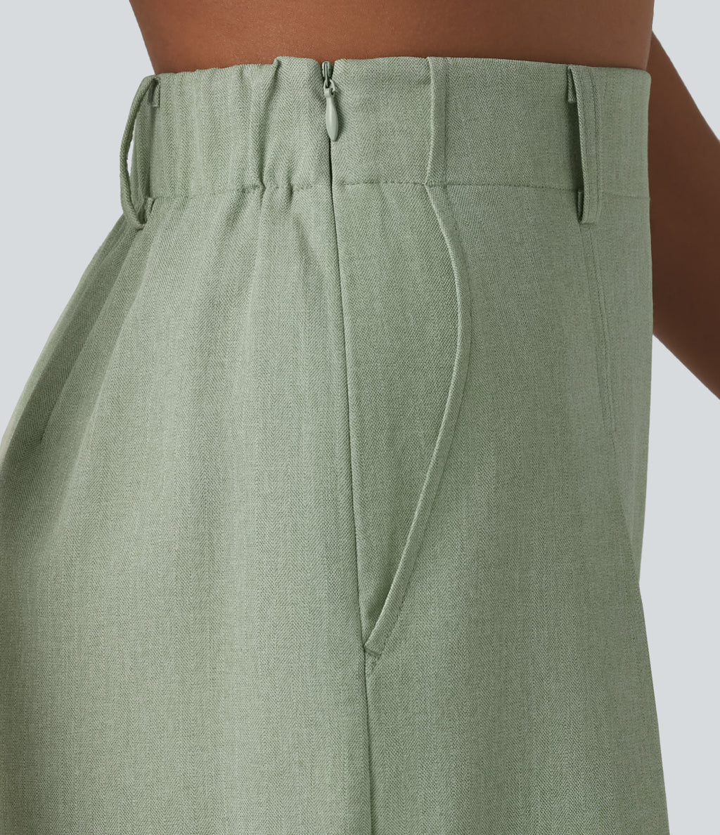 Wrinkle-resistant High Waisted Invisible Zipper Pleated Linen-Feel Casual Bermuda Baggy Shorts with Pockets — Sage Herringbone — view 5